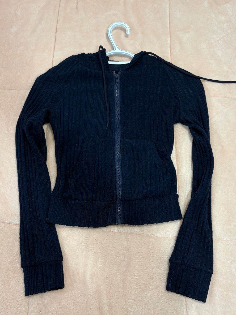 Black Ribbed Zip-Up Hoodie Jacket